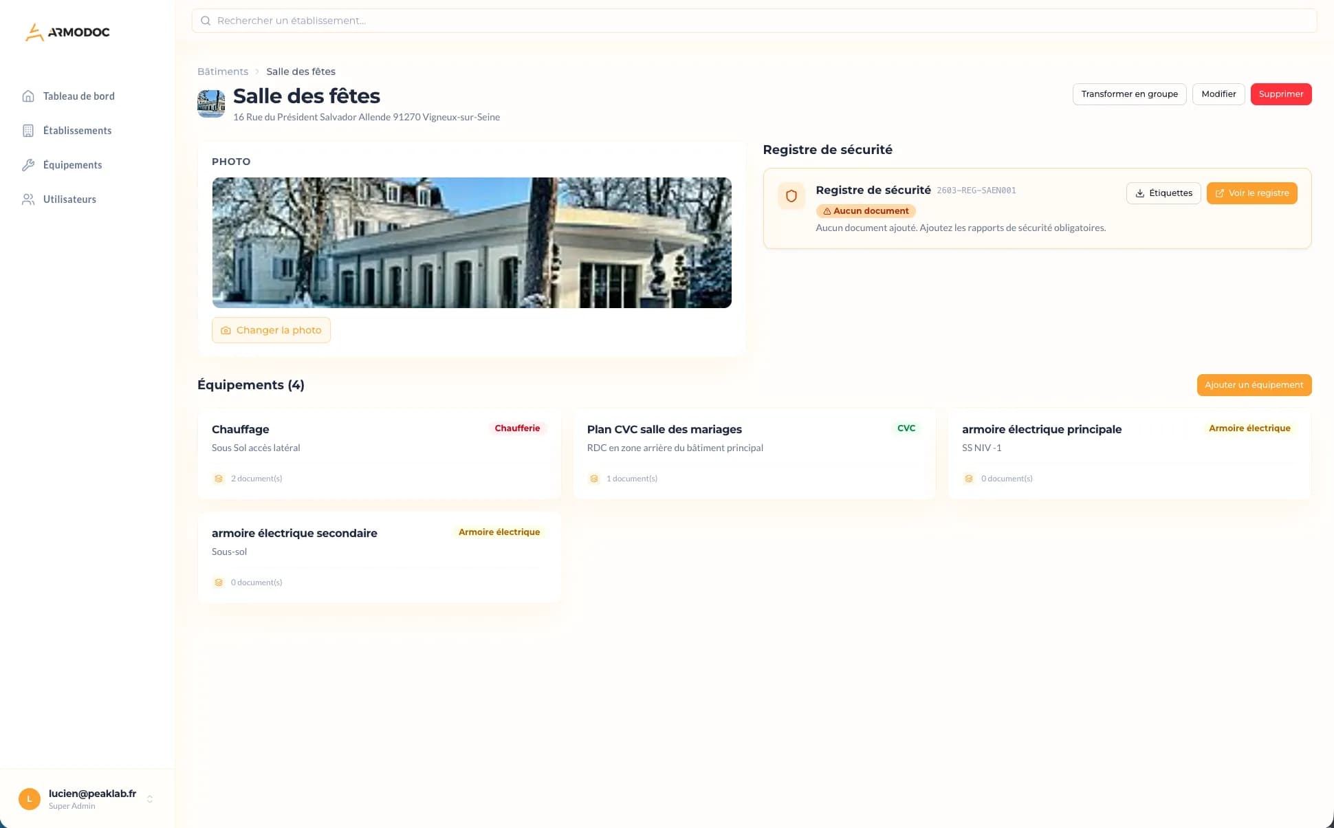 Capture de l'application Armodoc développée par PeakLab