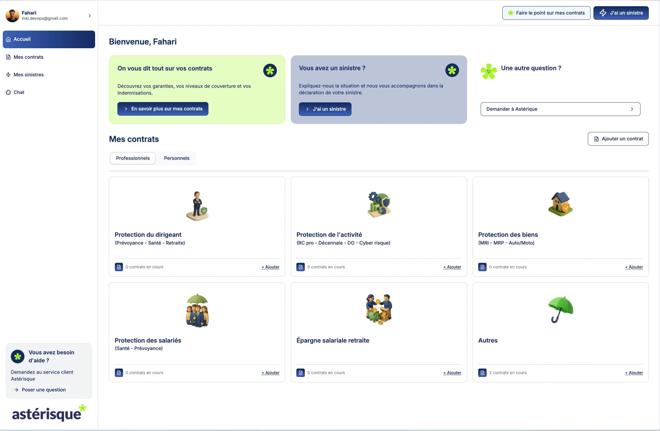 Interface de la plateforme Astérisque de gestion des contrats d’assurance