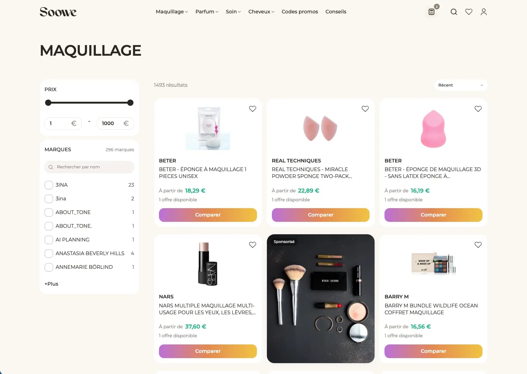 Screenshot of the Soowe product catalog and filters